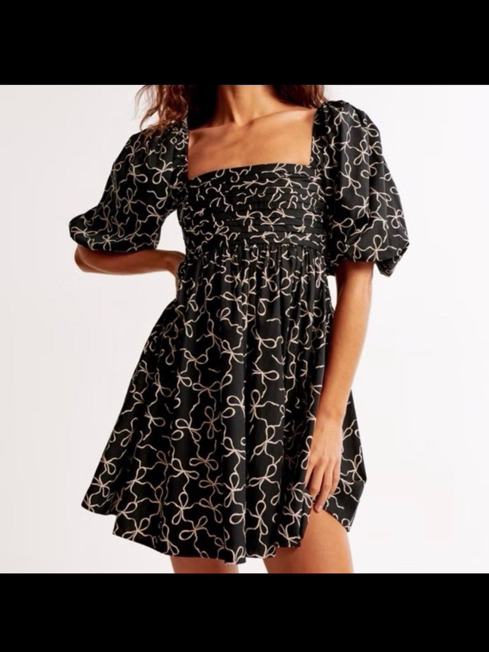 Abercrombie Black Puff-Sleeve Square-Neck Mini Dress with White Bow Print